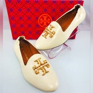 NWT$295 Tory Burch Logo Eleanor Flat Loafer in Goat Leather in Cream color Sz 5